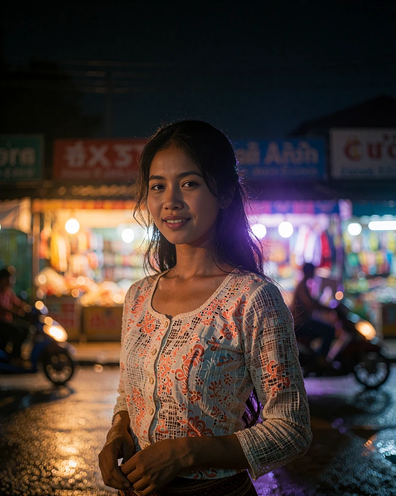 Burmese woman in traditional-pattern blouse standing on a quiet city street at blue hour